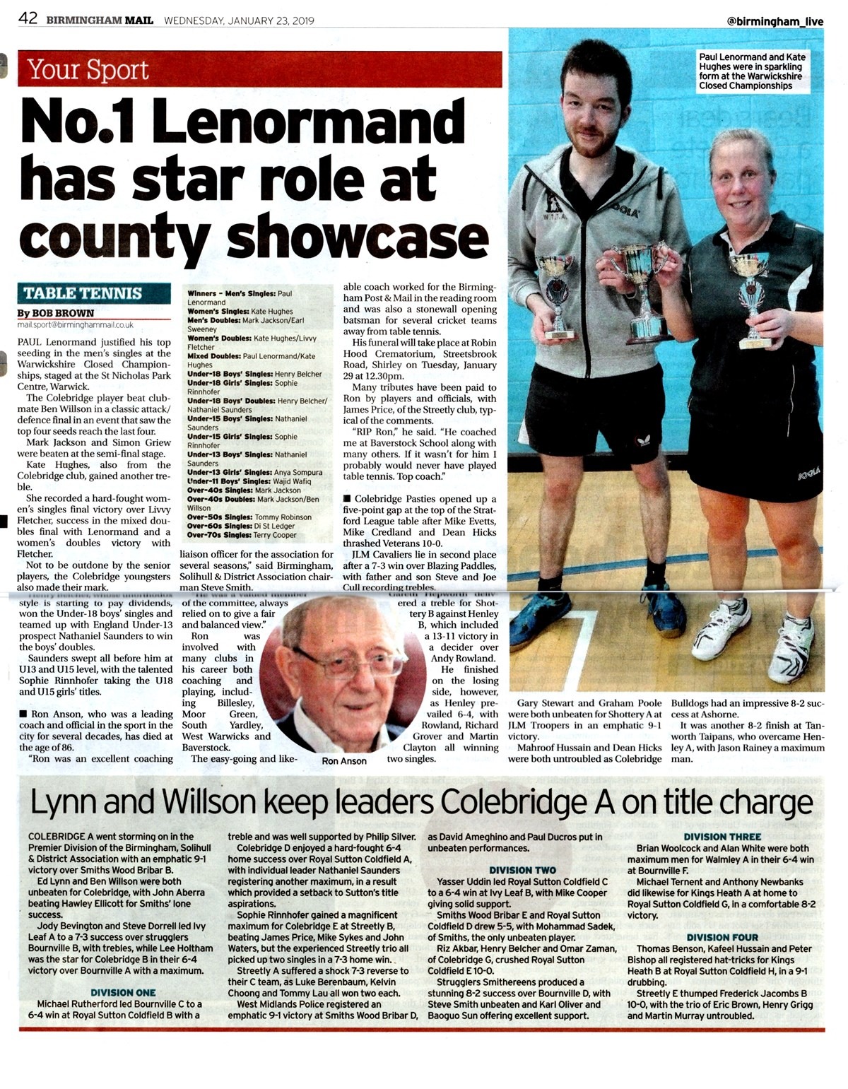 Birmingham Mail January 23rd 2019 Colebridge Table Tennis Club